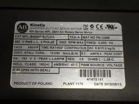 Allen-Bradley MPL-B4540F-SJ72AA SER.A AC Servo Motor, 3.5HP - IN GERMANY 