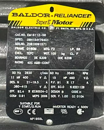 Baldor Reliance EM16112-58 Inverter Duty AC Motor, 15HP Frame D160M 