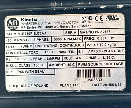 Allen-Bradley MPL-B330P-SJ72AA SER.A AC Rotary Servo Motor, 2.4HP 