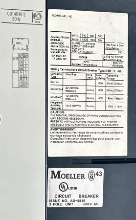 Moeller NZM H3-VE 400-NA Enclosed Rotary Handle Circuit Breaker, 690VAC 400A 