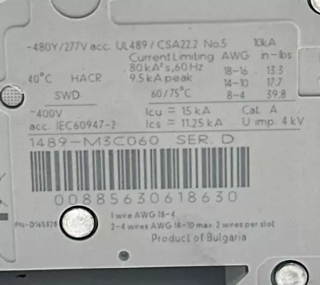 Allen-Bradley 1489-M3C060 3-Pole circuit Breaker, 480Y/277V 6A 