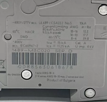 Allen-Bradley 1489-M3C020 SER.D 3-Pole Circuit Breaker, 480Y/277V 2A 