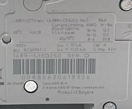 Allen-Bradley 1489-M3D250 SER.D 3-Pole Circuit Breaker, 480Y/277V 25A 