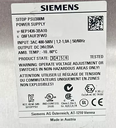 Siemens 6EP1436-3BA10 SITOP PSU300M Power Supply DC 24V 20A 