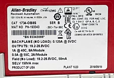 Allen-Bradley 1734-OB8S SER.B I/O Module W/1734-TOP3S Terminal Base 