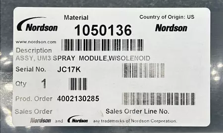 Nordson 1050136 Hot Melt UM3 Spray Module W/Solenoid Valve 