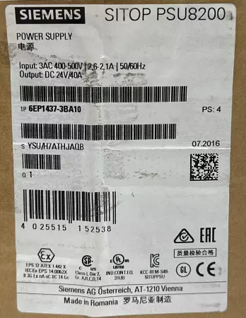 Siemens 6EP1437-3BA10 Sitop Power Supply, In 500V 2.1A Out 24VDC 40A 