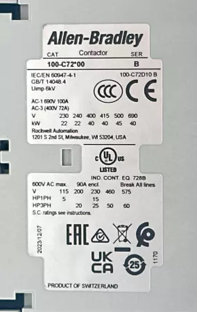 Allen-Bradley 100-C72*00 SER.B 3-Pole Contactor, 600VAC 72A 