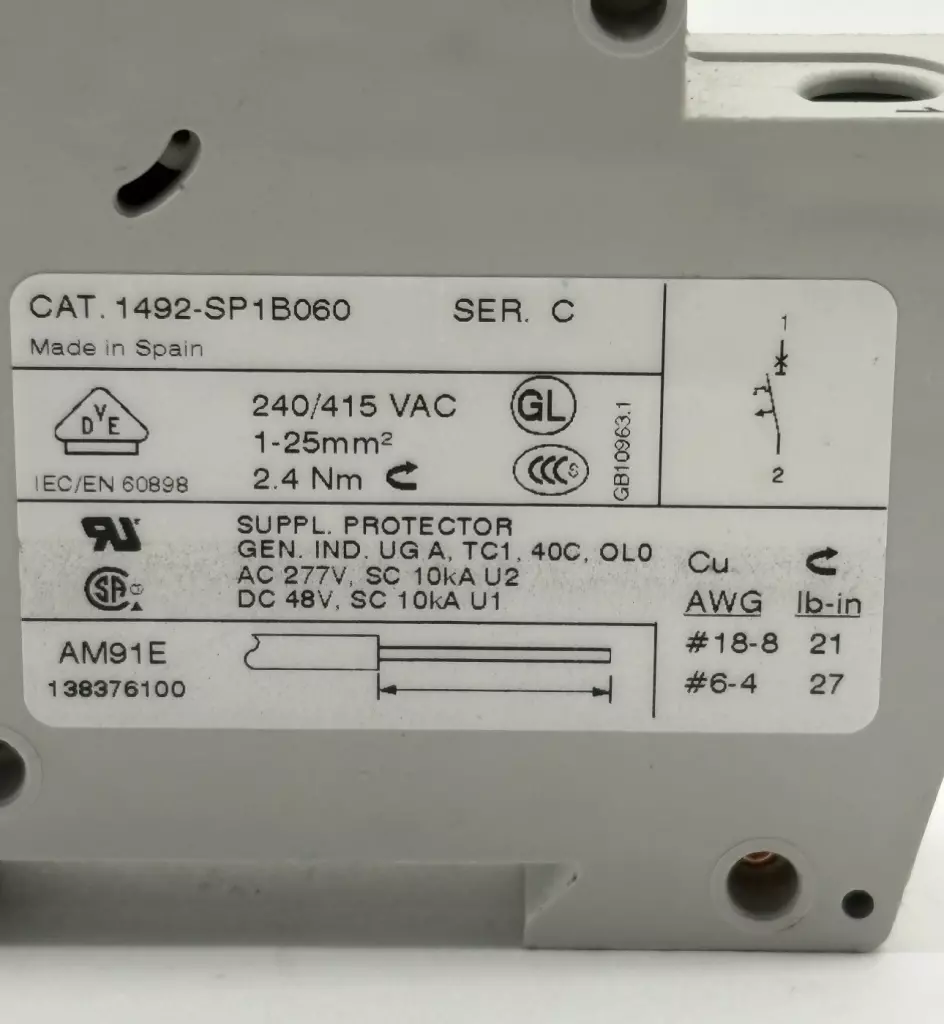 Allen-Bradley 1492-SP1B060 SER.C 1-Pole Circuit Breaker, 240/415VAC 6Amp 