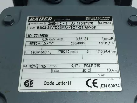 Bauer 2069442-1 Gear Motor 0.37kW, Ratio 8:1 