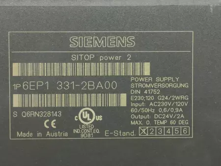 Siemens 6EP1 331-2BA00 SITOP Power 2 Power Supply 24VDC 