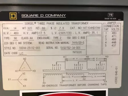 Square D 14T104HDITNV Sorgel 3-Phase Insulated Transformer, 14kVA 