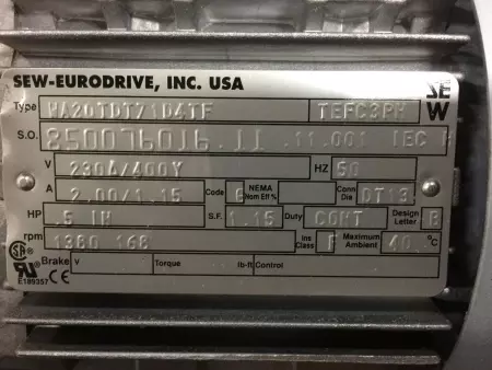 Sew-Eurodrive WA20TDT71D4TF Gearmotor 0.5HP W/SPIROPLAN Right Angle Reducer 