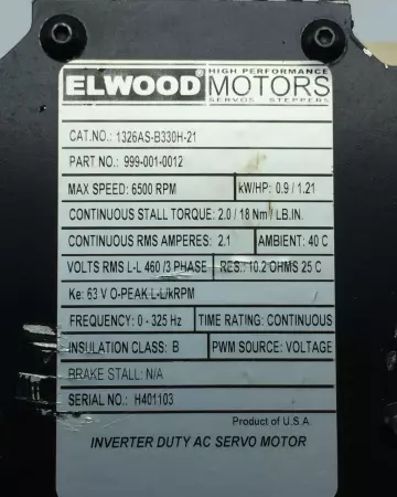 Elwood 1326AS-B330H-21 AC Servo Motor, 1.21HP 75mm Frame 