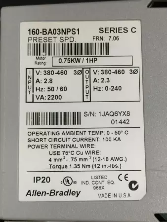  Allen-Bradley 160-BA03NPS1 Smart Speed Controller 0.75KW 1HP 