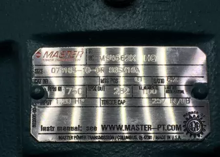 Master Power Transmission M94662K-HQ Parallel Gear Reducer, Ratio 6.2:1, 1.20HP 