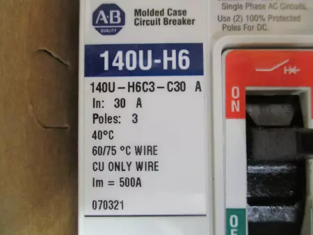 Allen-Bradley 140U-H6C3-C30 Circuit Breaker, 3-Pole 600VAC/250VDC 30 Amp 