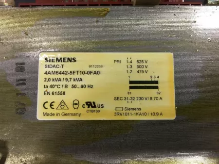 Siemens 4AM6442-5FT10-0FA0 SIDAC-T Transformer 2.0KVA/9.7KVA 