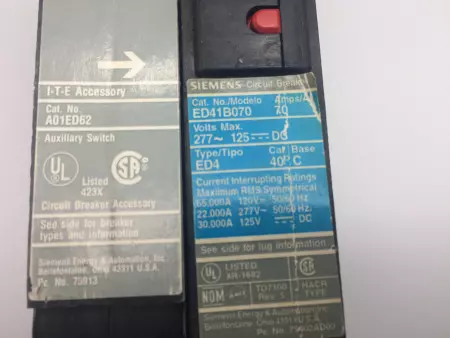  Siemens ED41B070 Type ED4 Circuit Breaker, 70Amp W/ Auxiliary Switch A01ED62 