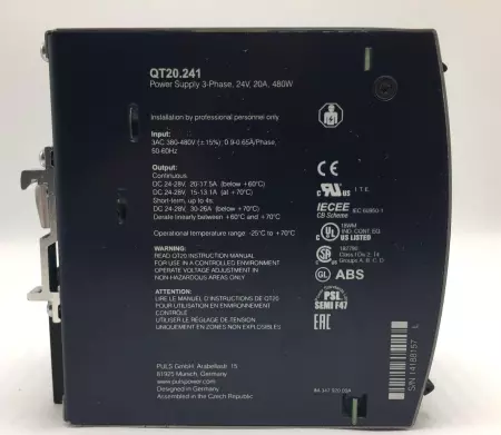 PULS QT20.241 PULS Q SERIES POWER SUPPLY QT20 3 PHASE 24V 20A 480W PN# QT20.241 