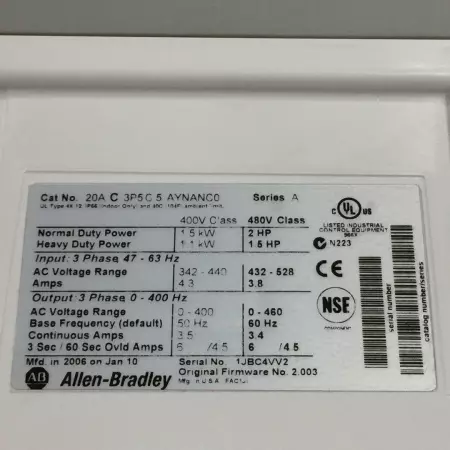 Allen-Bradley 20AC3P5C5AYNANC0 SER. A PowerFlex 70 AC Drive, 1.5kW 2HP 