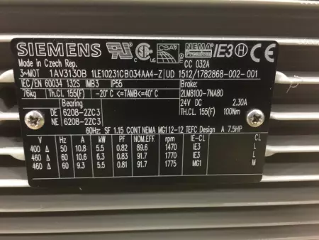 SIEMENS 1LE10231CB034AA4 SIMOTICS GP MOTOR TYPE: 1AV3130B 