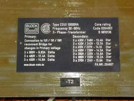 Block 204807 3-Phase Transformer, 10kVA 