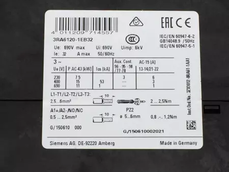 Siemens 3RA6120-1EB32 SIRIUS Motor Starter, 7.5-11kW  690V 32A 