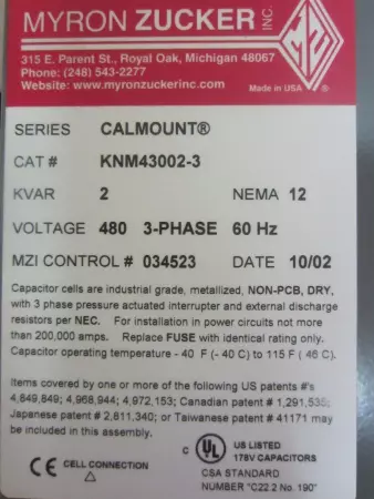 Myron Zucker KNM43002-3 Calmount® Low Voltage  Capacitor, 3-Phase 480V 