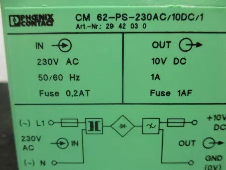  Phoenix Contact CM 62-PS-230AC/10DC/1 POWER SUPPLY 230VAC TESTED 