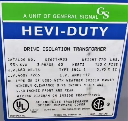 General Signal DT651H93S Hevi-Duty Transformer 93kVA 