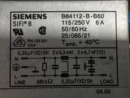  Siemens B84112-B-B60 SER. B Filter Power Line 115/250V 6Amp 