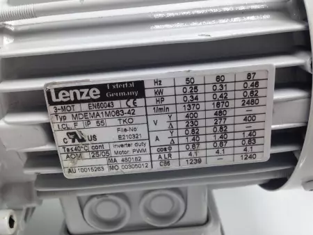 Lenze MDEMA1M063-42 Gearmotor 0.42HP W/Gear Reducer Ratio 46:1 