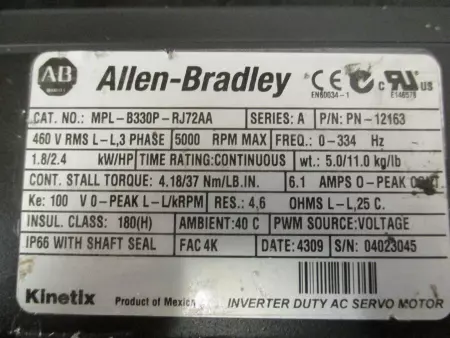 Allen-Bradley MPL-B330P-RJ72AA SER.A AC Servo Motor, 2.4HP 100mm Frame 