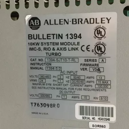 Allen Bradley 1394-SJT10-T-RL SER.A Digital Servo Controller, 10kW 