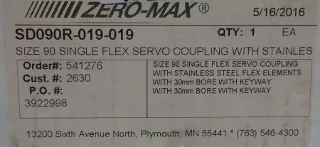 Zero-Max SD090R-019-019 Single Flex Servo Coupling Size 90 30mm Bore 