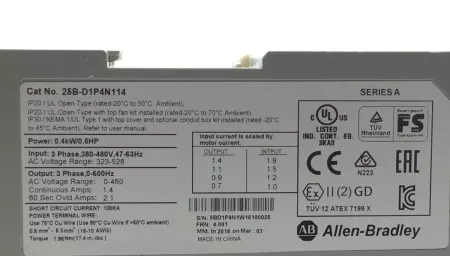 ALLEN BRADLEY 25B-D1P4N114 POWERFLEX 525 AC DRIVE 0.5HP 0.4KW 480V SERIES A 