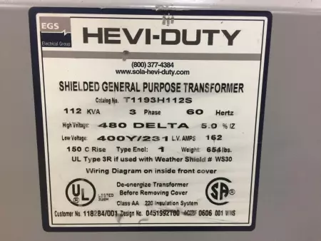 EGS T1193H112S Hevi-Duty General Purpose Transformer 112kVA 