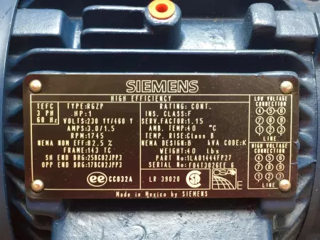 Siemens 1LA01444FP27 High Efficiency Motor, 1HP Frame 143TC 
