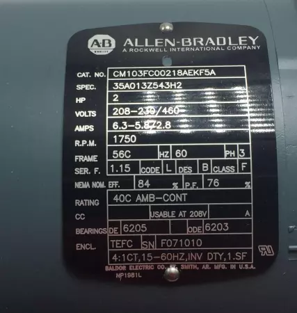 Allen-Bradley CM103FC00218AEKF5A AC Motor 2HP Frame 56C 