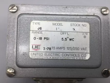  United Electric Controls J6-9508 Pressure Switch 125-250VDC 15Amp 