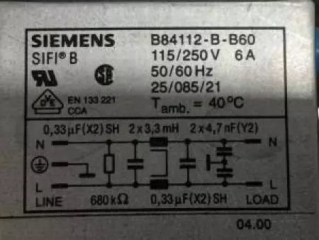  Siemens B84112-B-B60 SER. B Filter Power Line 115/250V 6Amp 