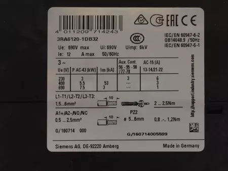 Siemens 3RA6120-1DB32 Sirius Compact Starter 208-690V 10HP Max 