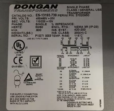 Dongan Electric ES-13193.739 Single-Phase Transformer 800VA 