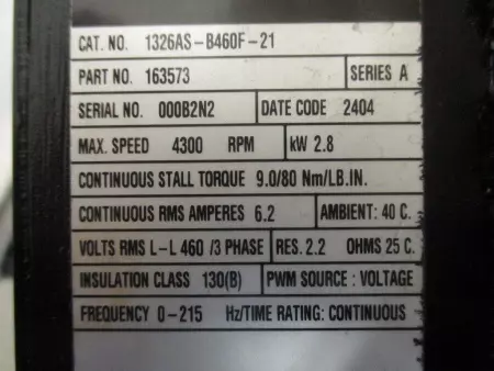 Allen Bradley 1326AS-B460F-21 SER.A AC Servo Motor, 2.8kW 163573 