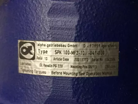 Alpha SPK 100-MF2-10-041-000 Right Angle Gear Box, Ratio10:1 