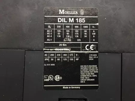  MOELLER DIL-M185 NON-REVERSING CONTACTOR, 110-250VAC COIL 