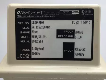  ASHCROFT LPSN4PB07 PRESSURE SWITCH TESTED RANGE: 30PSI, PROOF: 500PSI 