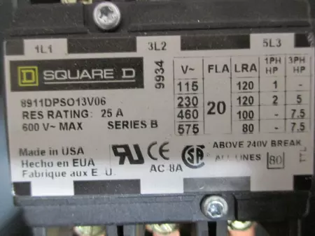 Square D DPSG13V06 Panel Enclosure W/3-Pole Motor Starter 600V 20Amps 