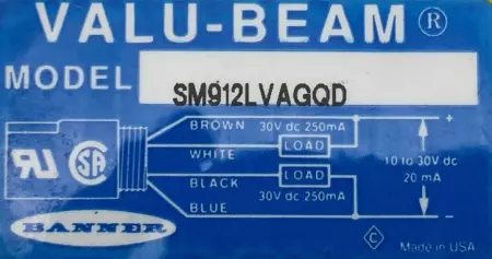  Banner SM912LVAGQD Valu-Beam Series Sensor 10-30VDC 